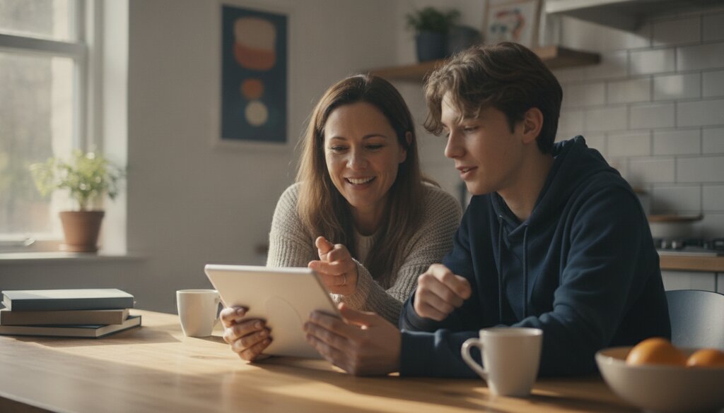 Moeder en tiener kijken samen aan de keukentafel naar een tablet