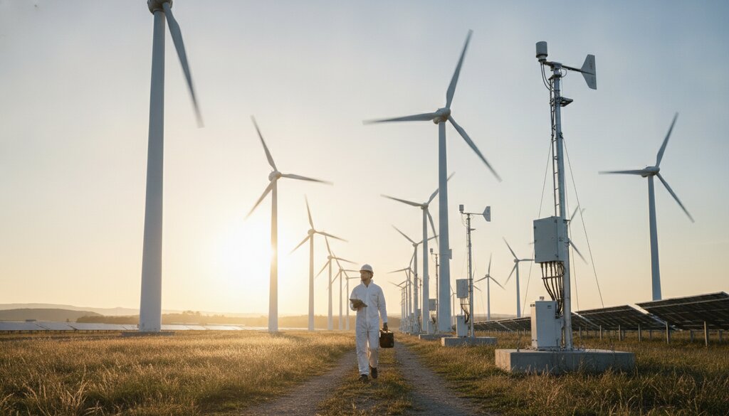 Technicus loopt tussen windturbines en meetmasten op een energiepark