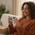 Vrouw op de bank bekijkt een winkelvideo op haar smartphone naast een pakket