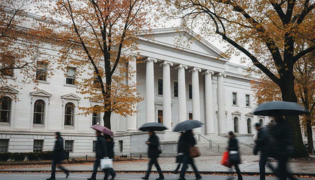 Neoclassicistisch overheidsgebouw met zuilen in herfstlicht
