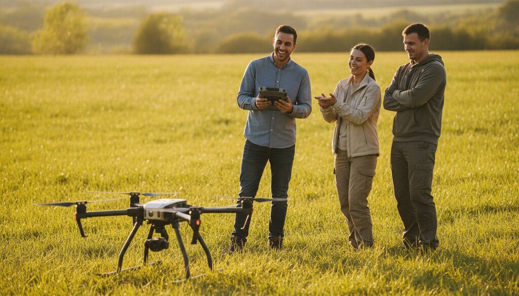 Ingenieurs testen een drone op een grasveld bij zonsondergang