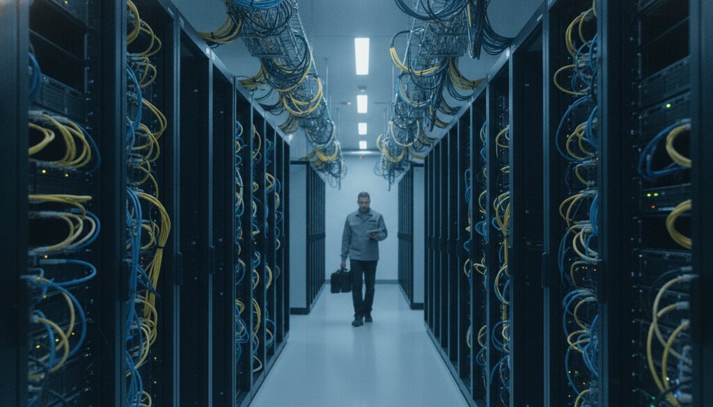 Gang met serverracks in een datacenter, technicus op de achtergrond