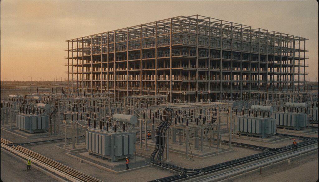 Bouwplaats van een nieuw datacenter met transformatoren bij zonsondergang