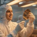 Technicus in cleanroompak bekijkt een siliciumwafer in een chipfabriek