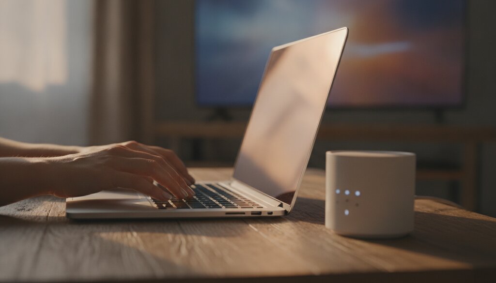 Handen op een laptop naast een wifi-router, met een televisie op de achtergrond