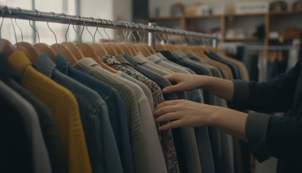 Handen schuiven hangers langs een rek met tweedehands kleding