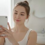 Jonge vrouw maakt met haar smartphone een close-up foto van haar huid