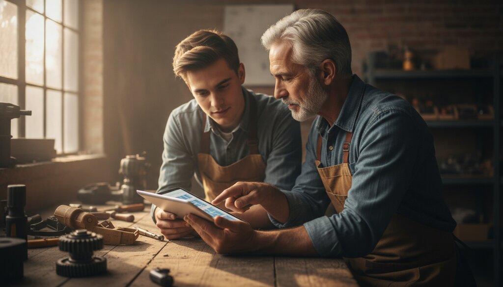 Ervaren vakman bekijkt met een jonge collega een tablet in een werkplaats