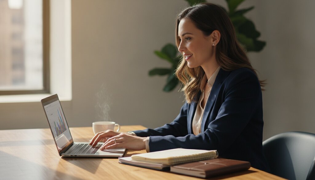 Vermogensadviseur bereidt een klantgesprek voor aan een bureau met laptop en notities