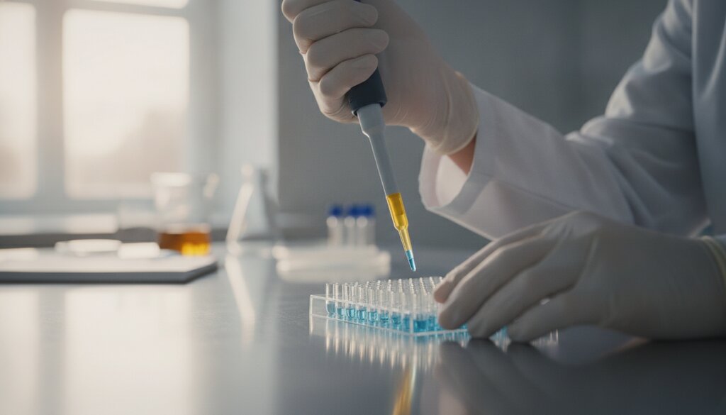 Handen van een onderzoeker pipetteren monsters in een multiwell-plaat op een labtafel