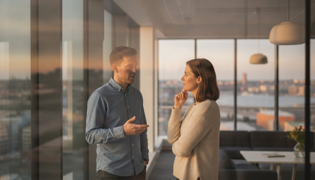 Twee collega's overleggen bij een glazen wand in een Zweeds startup-kantoor
