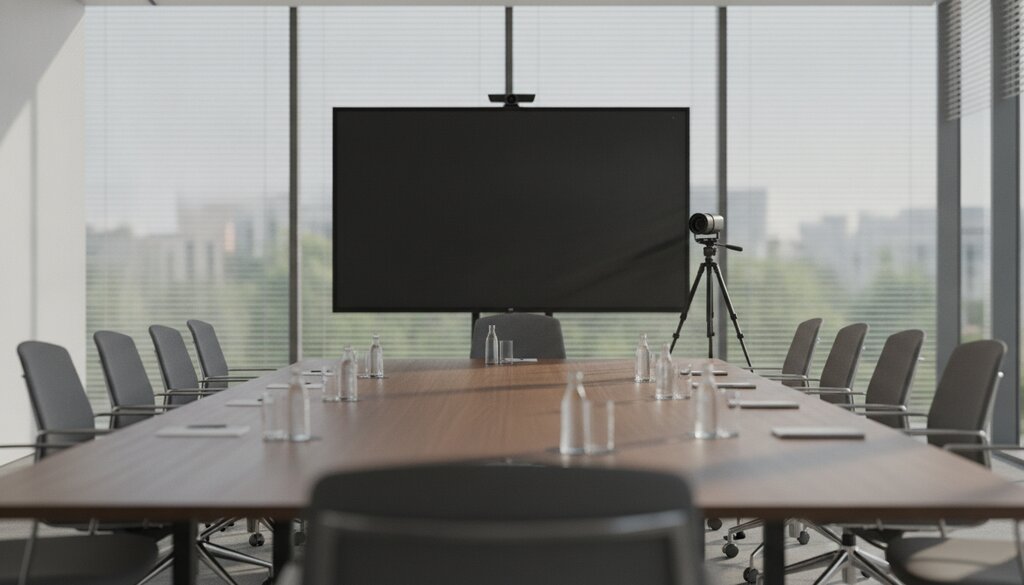Lege vergaderruimte met een groot leeg videoconferentiescherm en webcam