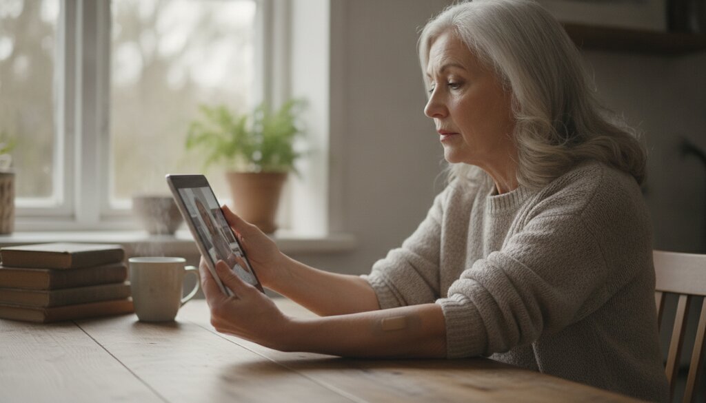 Oudere patient toont thuis een arm aan de camera van een tablet tijdens een videoconsult