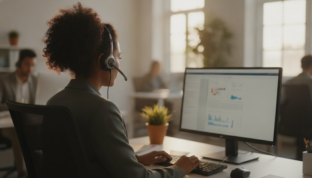 Klantenservicemedewerker met headset in een open kantoor