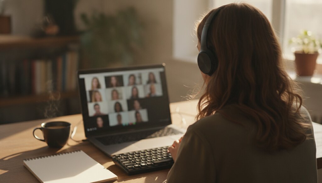 Persoon met koptelefoon achter een laptop tijdens een online videovergadering aan een thuisbureau