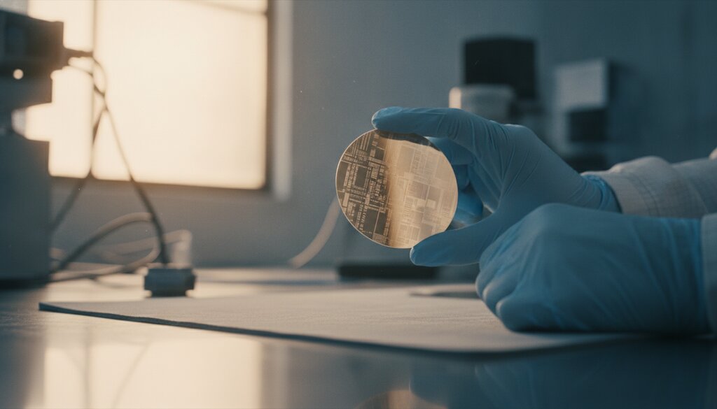 Silicium wafer in gehandschoende handen op een werkbank in een elektronicafabriek