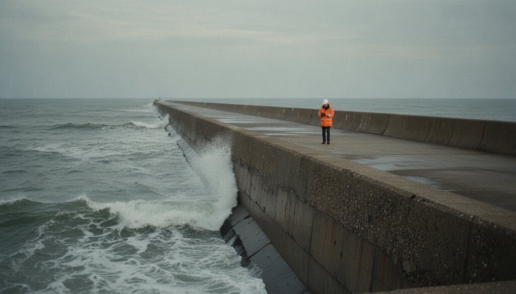 Ingenieur loopt over een betonnen waterkering langs een grijze zee
