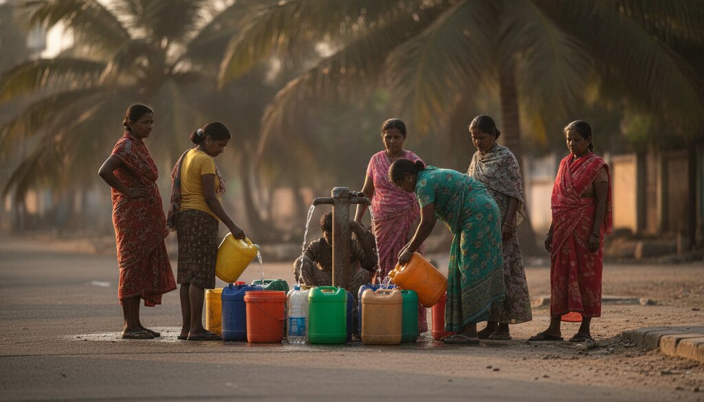 Bewoners vullen jerrycans met water bij een openbaar tappunt in een Indiase kustwijk