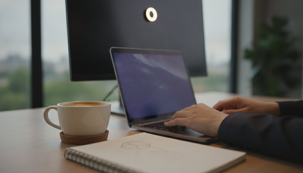 Webcam op een monitor naast laptop, notitieblok en koffiekop op een bureau