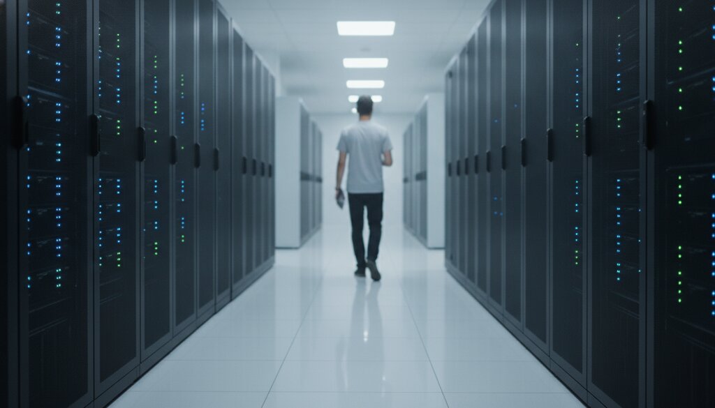 Technicus loopt door een gang met serverracks in een datacenter