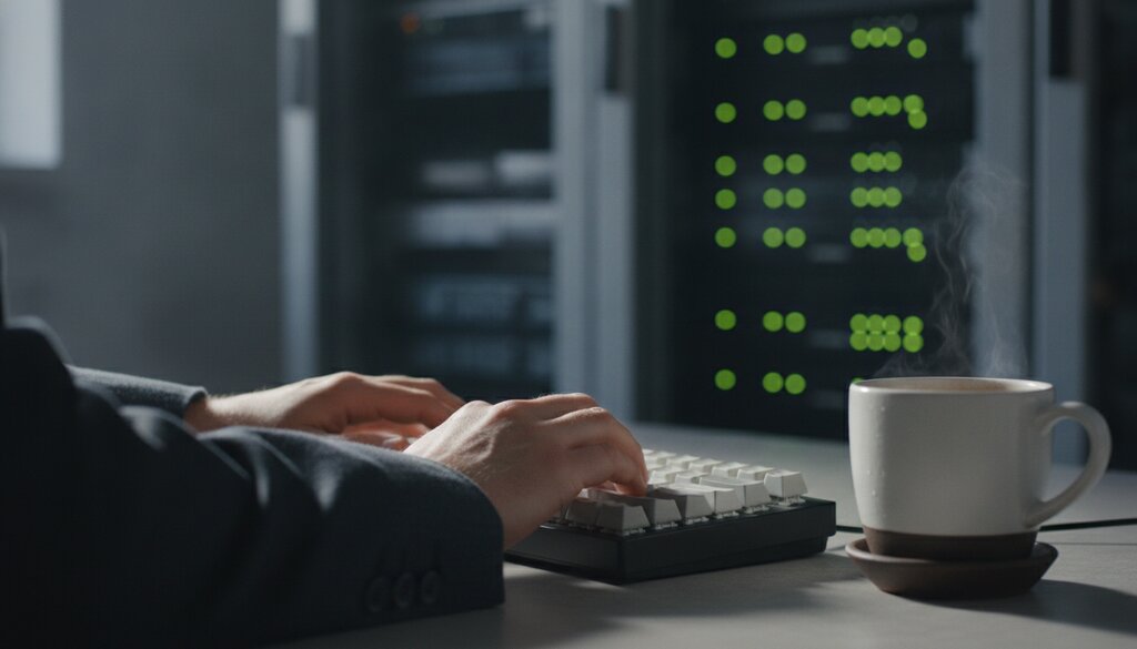 Handen op een toetsenbord in een serverruimte met racks op de achtergrond