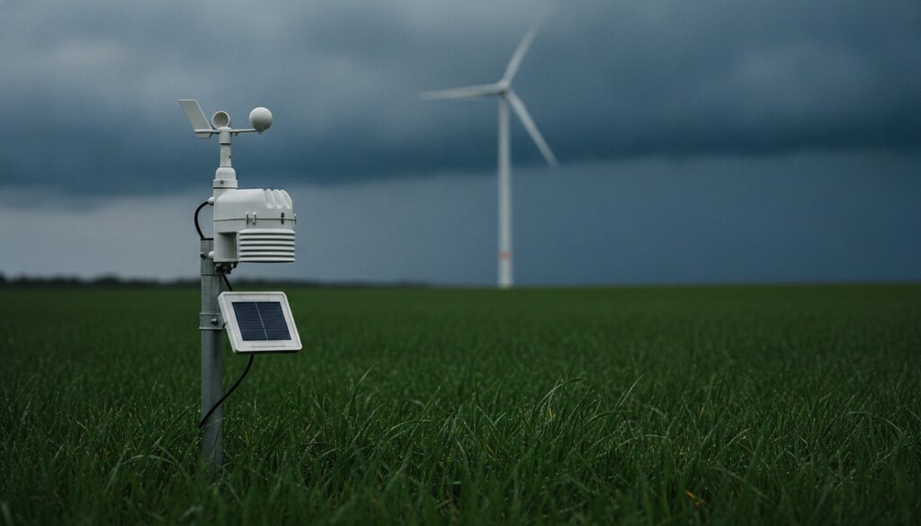 Weerstation met windmeter in een nat weiland, regenwolken en een windturbine op de achtergrond