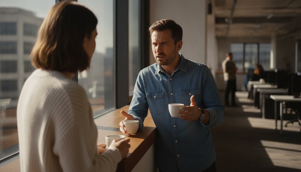 Twee collega's in gesprek bij een raam op een kantoorgang