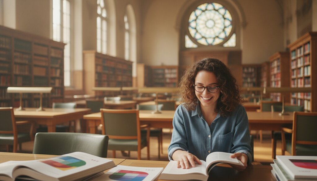 Wetenschapper leest academische tijdschriften in een lichte universiteitsbibliotheek