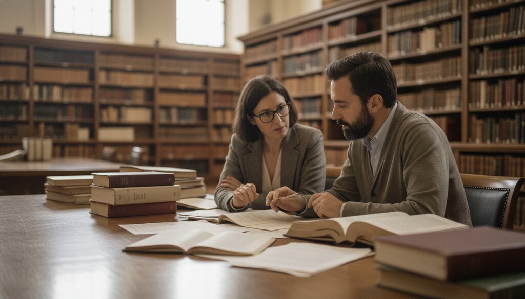 Twee moderatoren bespreken manuscripten aan een tafel in een bibliotheek