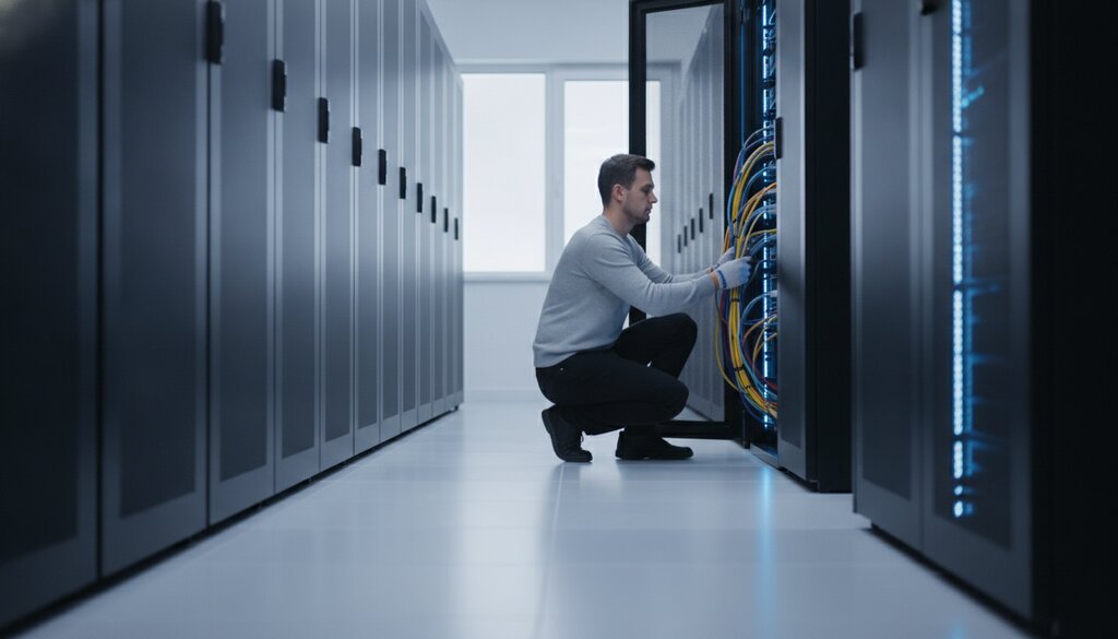 Technicus controleert kabels in een serverruimte van een datacenter