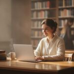 Vrijwilliger werkt op een laptop in een bibliotheek aan wikibewerkingen