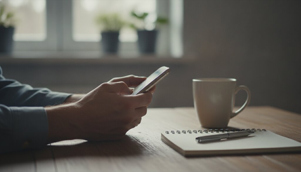 Handen met een smartphone aan een keukentafel met notitieblok en koffie