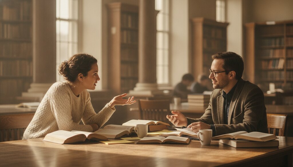 Twee onderzoekers in gesprek aan een tafel in een universiteitsbibliotheek