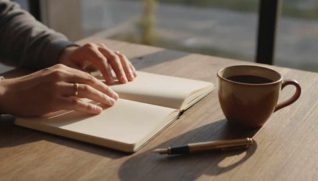 Open notitieboek met vulpen en een kop koffie op een houten bureau bij een raam