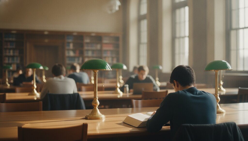Studenten aan houten tafels met groene leeslampen in een universiteitsbibliotheek
