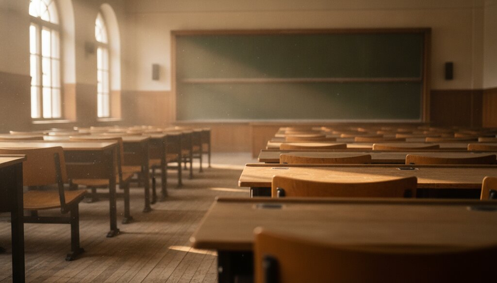 Lege collegezaal met schoongeveegd bord in het ochtendlicht