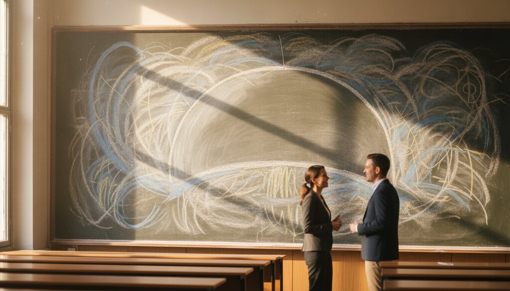 Krijtbord met wiskundige vormen in een collegezaal, twee onderzoekers in gesprek