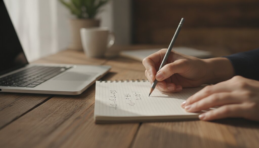 Hand schrijft wiskundige formules in een notitieboek naast een laptop