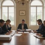 Beleidsmakers bespreken documenten aan een vergadertafel in een overheidsgebouw