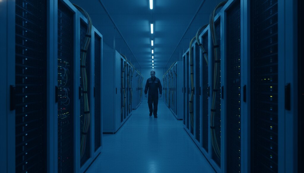 Gang met serverracks in een datacenter met blauwe verlichting