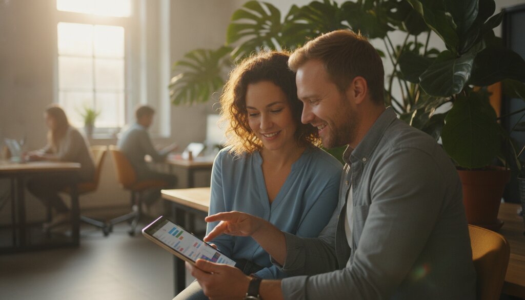 Twee collega's bekijken klantberichten op een tablet in een lichte kantoortuin