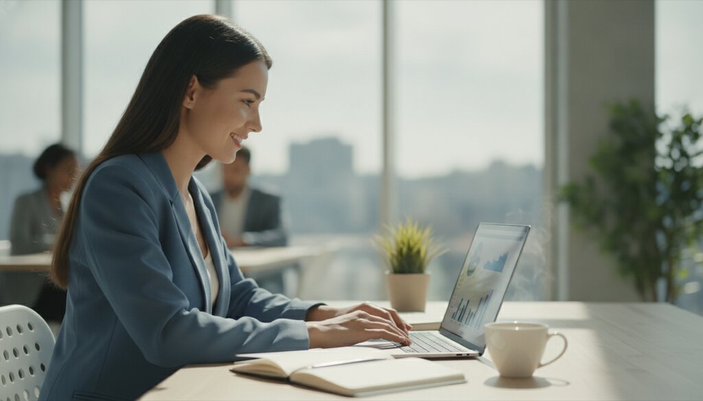 Marketeer bekijkt zoekcampagnes op een laptop in een licht kantoor