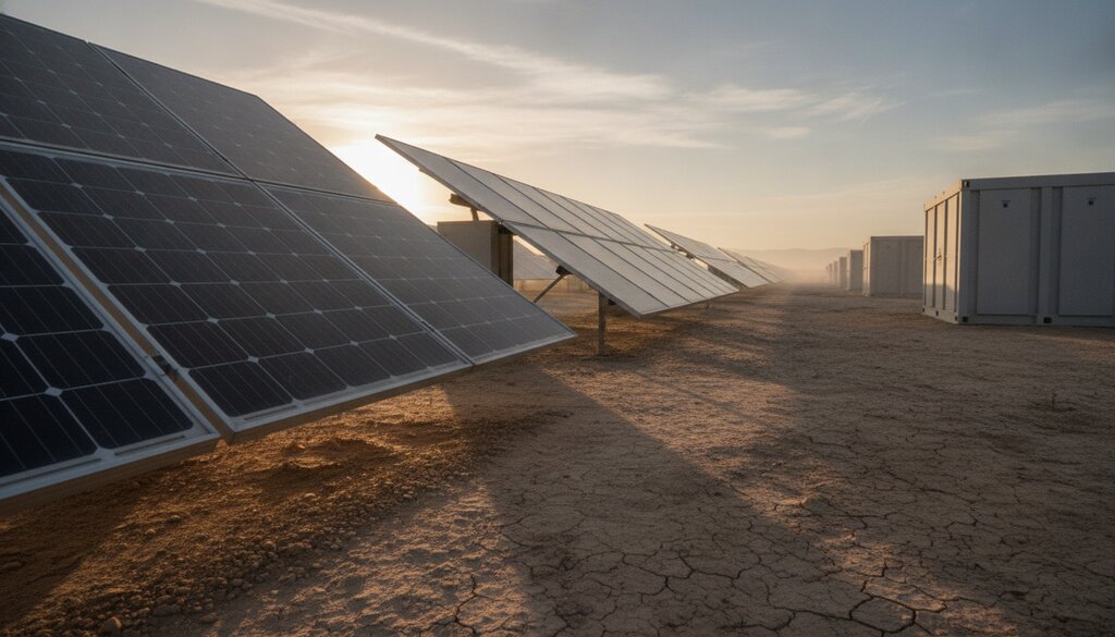 Zonnepanelen en batterijcontainers op stoffige woestijngrond