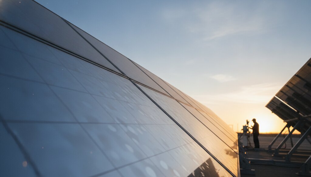 Grote zonnepanelen van onderaf gezien tegen een heldere lucht bij een testlocatie