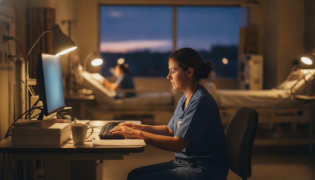 Verpleegkundige achter een werkstation op een ziekenhuisafdeling in de avond